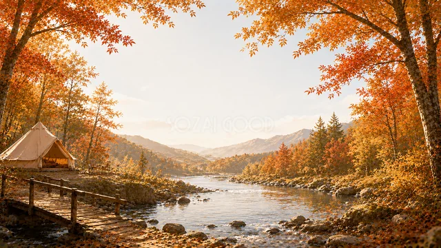 紅葉の山と清流に架かる木橋の秋風景背景