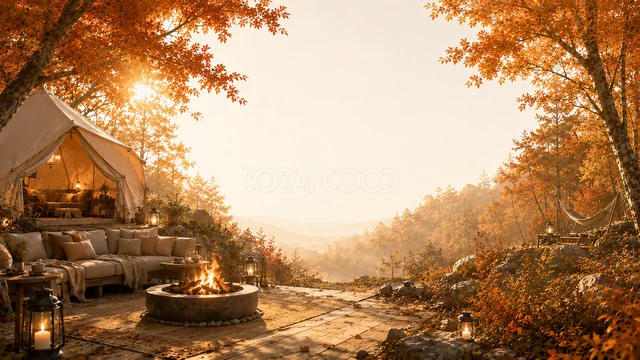 紅葉の山を望むテントと焚き火台のグランピング背景