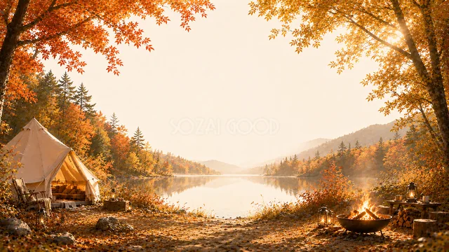 紅葉の湖畔にテントと焚き火を描いた秋の自然背景