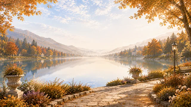 花壇と街灯が並ぶ紅葉の湖畔プロムナード背景