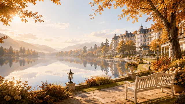 湖畔のホテルと白いベンチを望む紅葉の秋風景背景