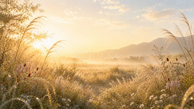朝日に染まるススキと山並みの秋の草原背景