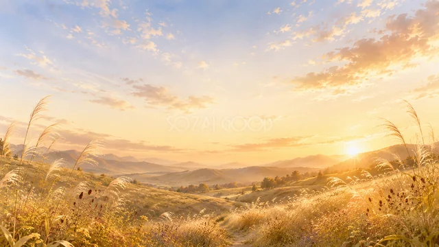 夕焼けとススキが広がる丘陵の秋風景背景