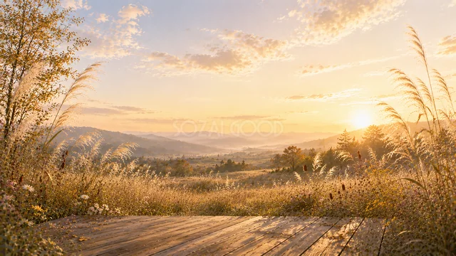 ススキと山を望むウッドデッキの夕暮れ秋背景