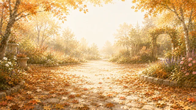 落ち葉が敷き詰められた明るい紅葉の公園散歩道背景