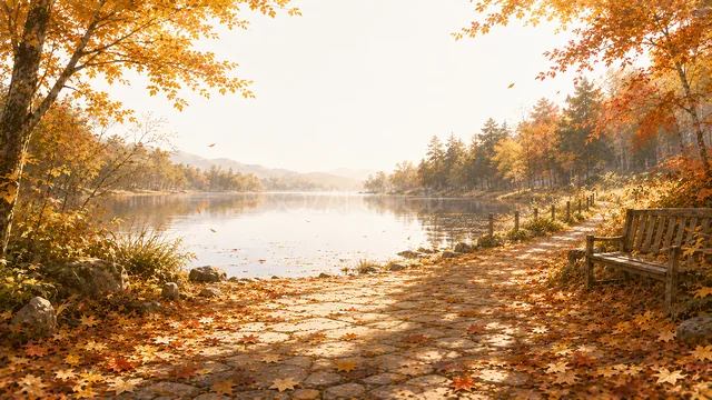 紅葉の湖畔とベンチがある秋の散歩道背景