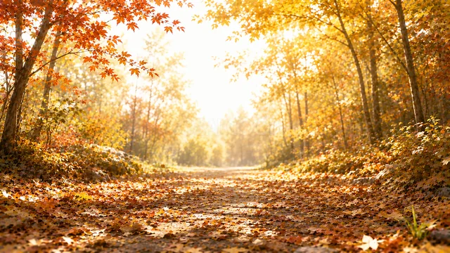 木漏れ日が差し込む落ち葉の紅葉林の小道背景