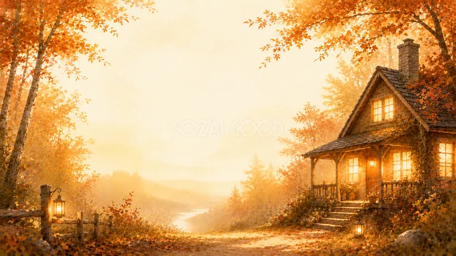 紅葉の森にたたずむ灯りのともった山小屋の秋背景
