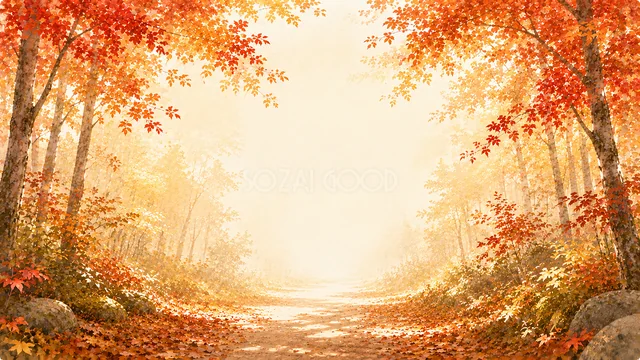 赤い紅葉がアーチを作る明るい秋の森の小道背景