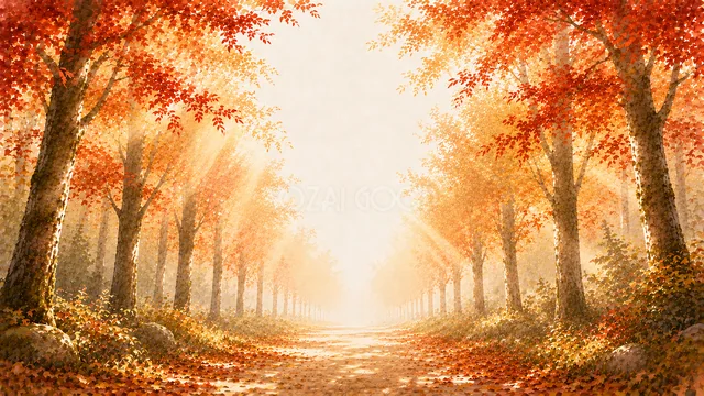 赤い紅葉の木々が並ぶ光あふれる秋の並木道背景