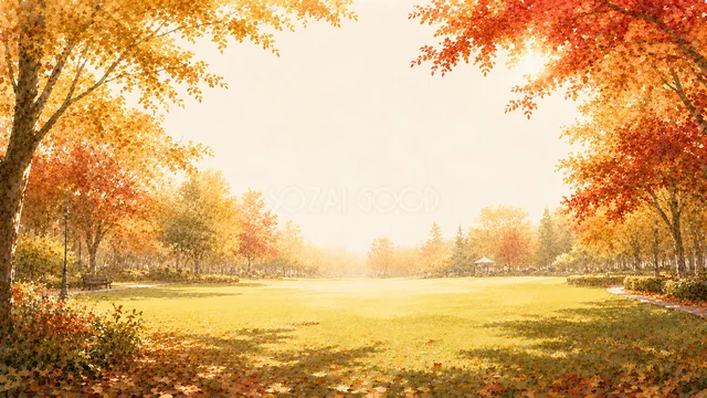 赤と黄色の紅葉に囲まれた広い芝生の秋の公園背景・コピースペース