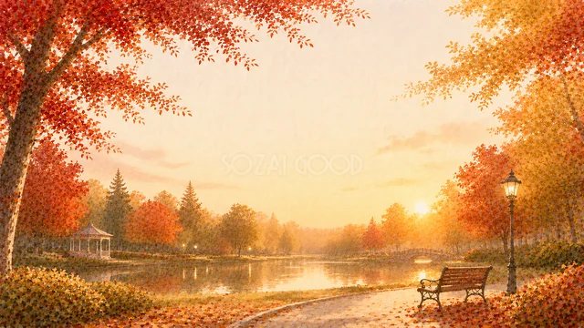 夕日に染まる池とベンチの紅葉した秋の公園背景