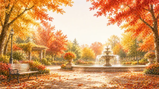 噴水とベンチを囲む赤い紅葉の庭園広場背景