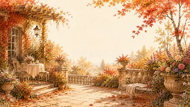 紅葉と秋の花に囲まれたテラスとベンチの庭園背景