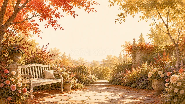 白いベンチと赤い紅葉が彩る秋のフラワーガーデン背景