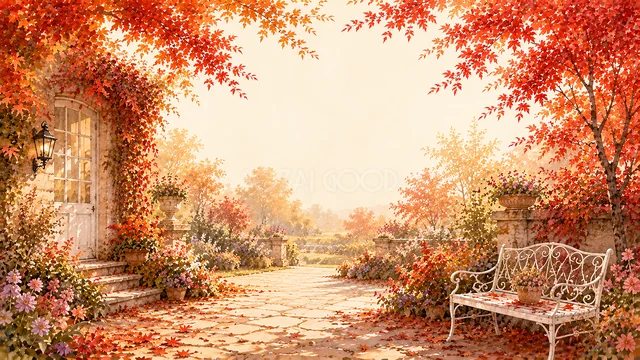 白いアイアンベンチと紅葉が彩る秋の庭園小道背景