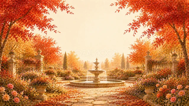 噴水を中心に赤い紅葉と花が広がる秋の庭園背景