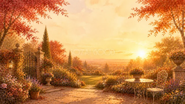 夕日を望む紅葉の庭園テーブルと椅子の秋背景