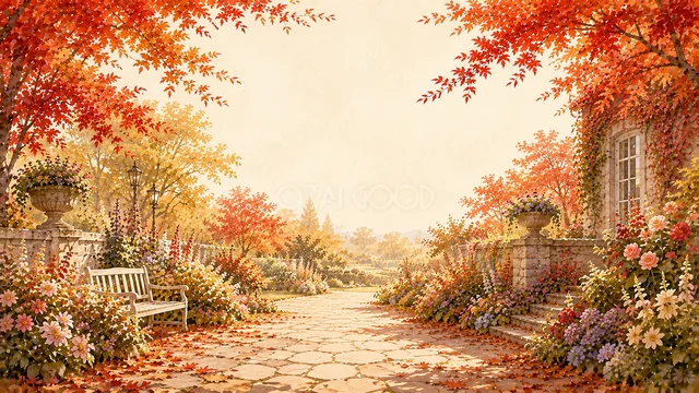 赤い紅葉と花壇に囲まれた石畳の庭園小道背景