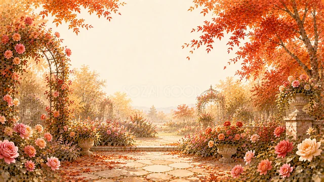 赤い紅葉とバラのアーチがある秋の庭園背景