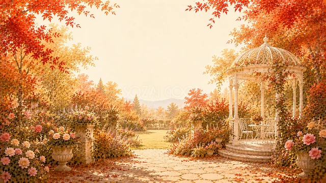 紅葉とピンクの花に囲まれた白いガゼボの秋背景