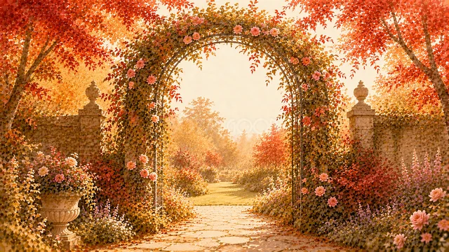 紅葉と花が飾る大きなアーチ門の秋の庭園背景