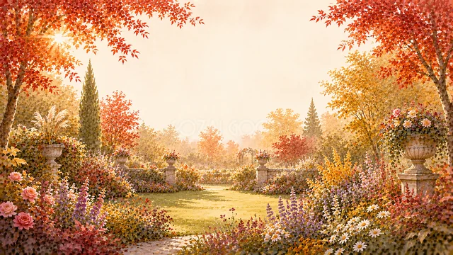 紅葉と秋の花で囲まれた明るい芝生の庭園背景