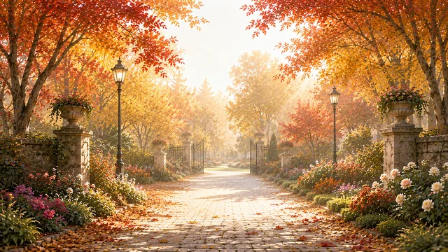 秋の花壇と門柱がある紅葉の庭園遊歩道背景