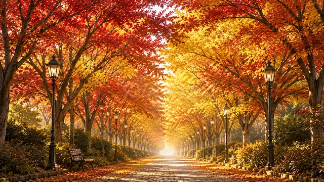 赤と黄金色の紅葉がトンネルを作る秋の並木道背景