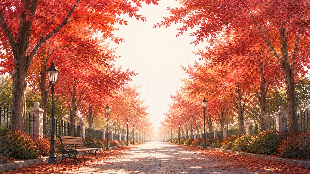 鮮やかな赤い紅葉が続く秋の石畳並木道背景