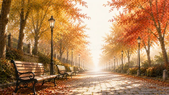 街灯と木製ベンチが並ぶ赤と黄色の紅葉並木背景