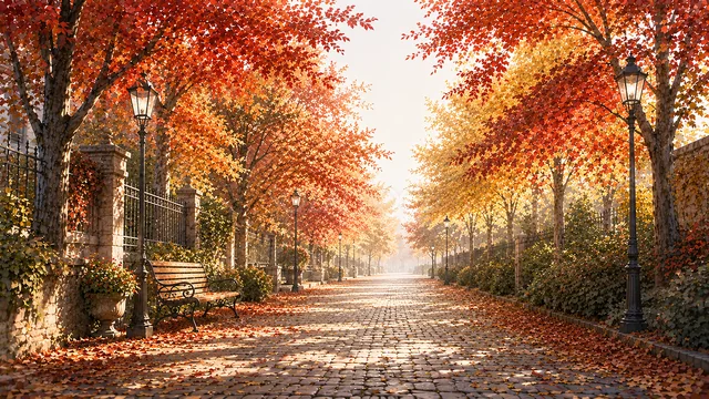 赤い紅葉と街灯が続く落ち着いた秋の遊歩道背景