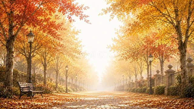 街灯とベンチが並ぶ赤と黄の紅葉の公園道背景