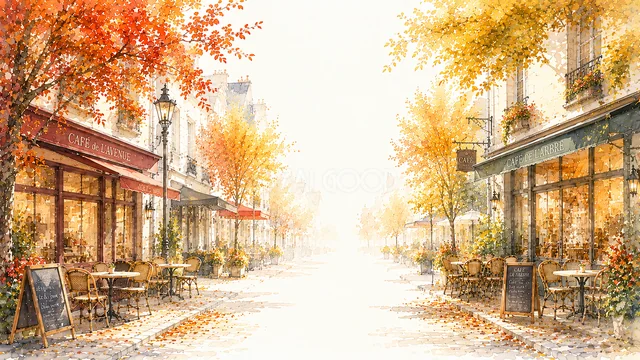カフェテラスと紅葉が彩る水彩風ヨーロッパ街角背景