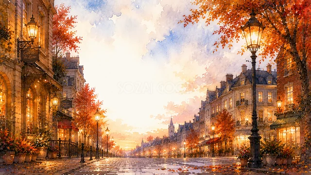 街灯がともる紅葉の大通りを描いた水彩風の夕景背景
