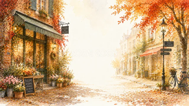 花屋と紅葉に囲まれた水彩風ヨーロッパの通り背景