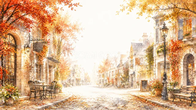 ベンチと紅葉に囲まれた水彩風の静かな住宅街背景