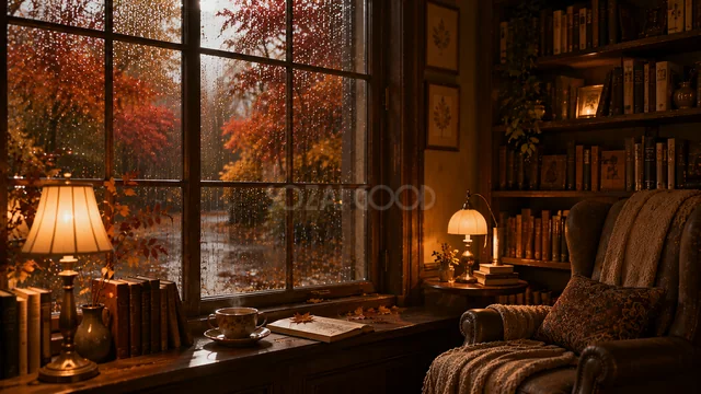 雨に濡れた紅葉の窓辺と読書椅子の落ち着いた図書室背景