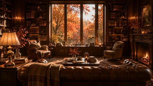 暖炉とソファがある紅葉を望む重厚なホームライブラリー背景