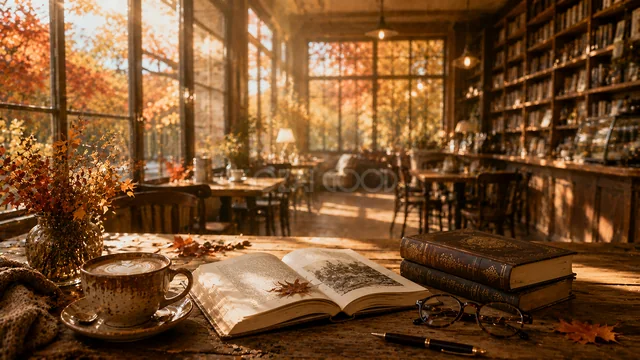 本とコーヒーを置いた紅葉の窓辺の読書背景