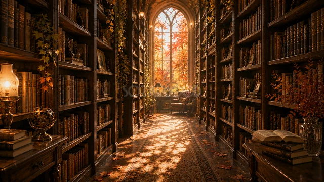 ステンドグラス風の窓と紅葉が彩る細長いクラシカル図書室背景