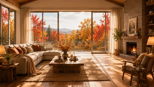 紅葉の山を望む大きな窓と暖炉のナチュラルリビング背景
