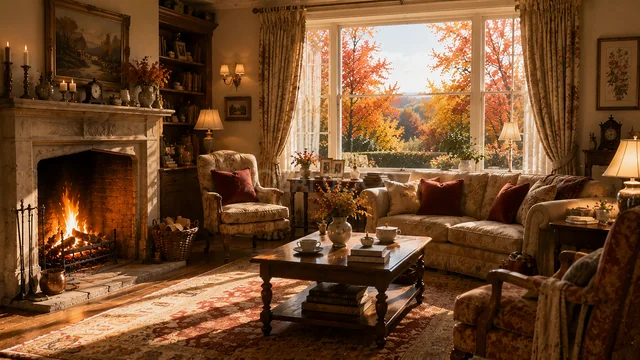 暖炉とクラシカル家具がある紅葉の秋リビング背景