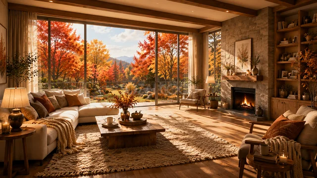 鮮やかな紅葉を望む広々とした暖炉付きリビング背景