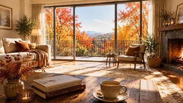 紅葉のバルコニーと暖炉を望む秋のリビング背景
