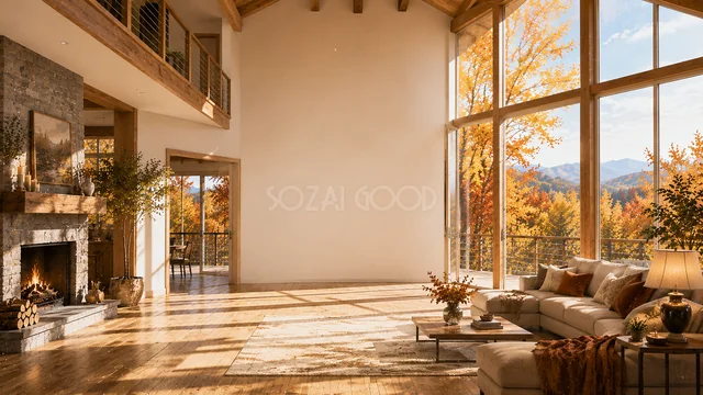 高い天井と大窓から紅葉を望む開放的な秋のリビング背景