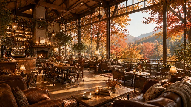 紅葉の山を望むガラス張りの開放的な秋カフェ背景