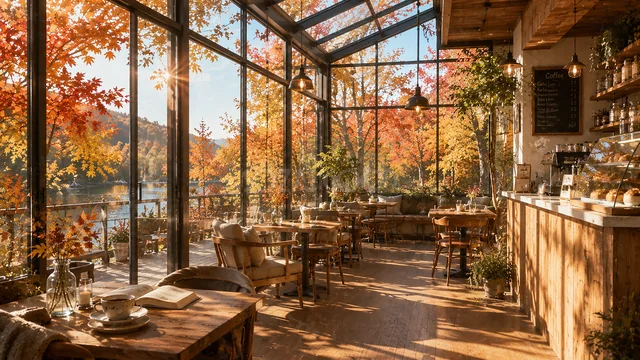 湖と紅葉を望む温室風ガラス張りカフェの秋背景