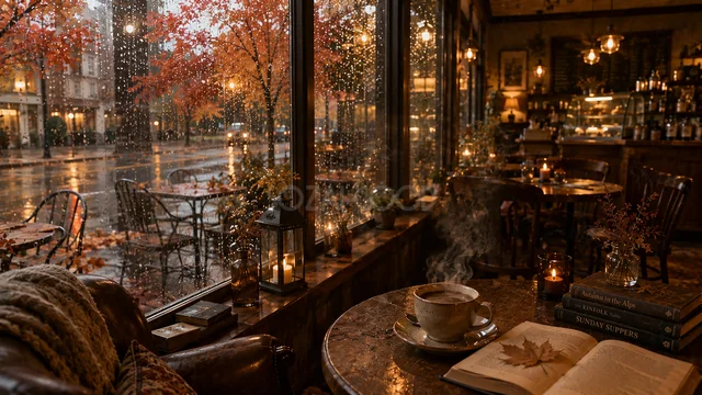 雨の紅葉を望む窓辺の落ち着いた秋カフェ背景