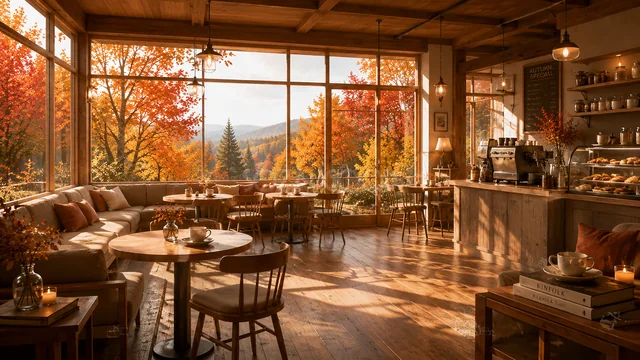 山の紅葉を望む大窓の広々とした秋カフェ店内背景